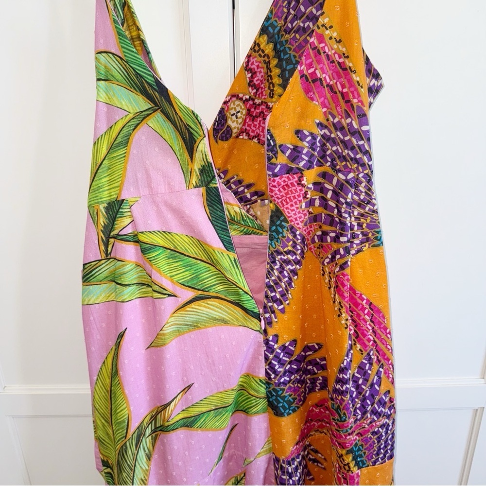 Farm Rio MIXED PRINTS MIDI WRAP DRESS  Sz MEDIUM BEADED MACAWS PINK FOLIAGE - Picture 12 of 15